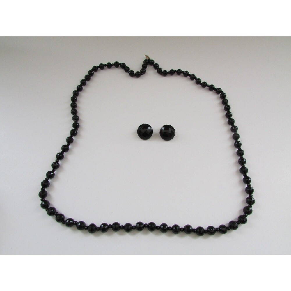 Vtg Black Plastic Faceted Beaded 34" Necklace/Matching Round Clip On Earrings